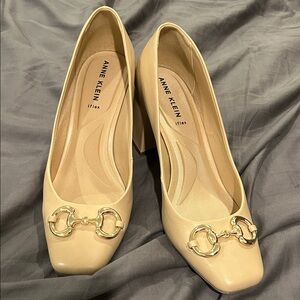 Anne Klein Beige Heels with Gold Chain Detail